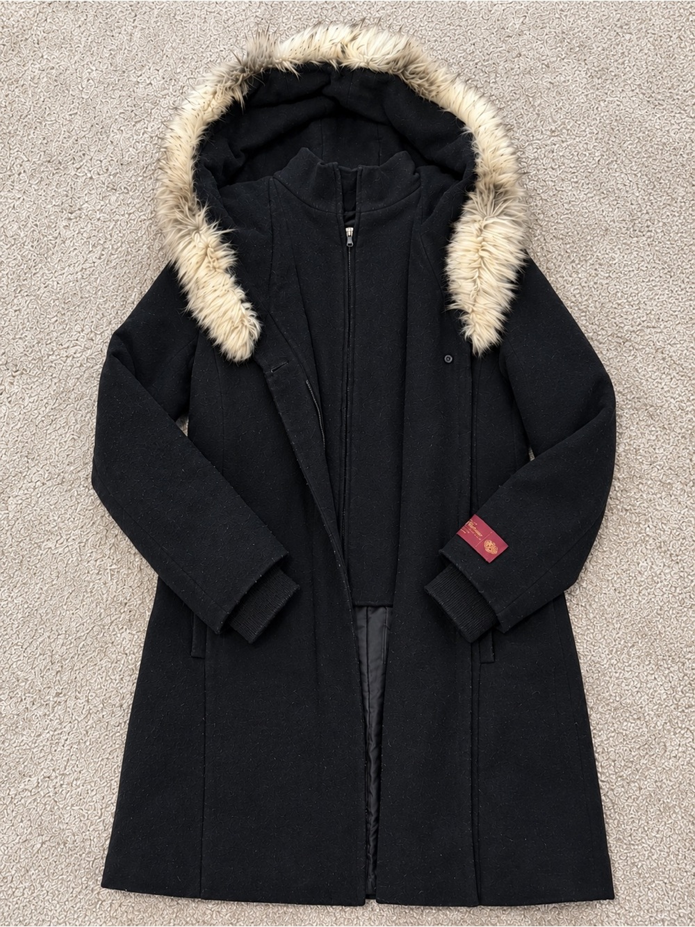 Aritzia Black Wool-Blend Hooded Coat with Faux-Fur Trim